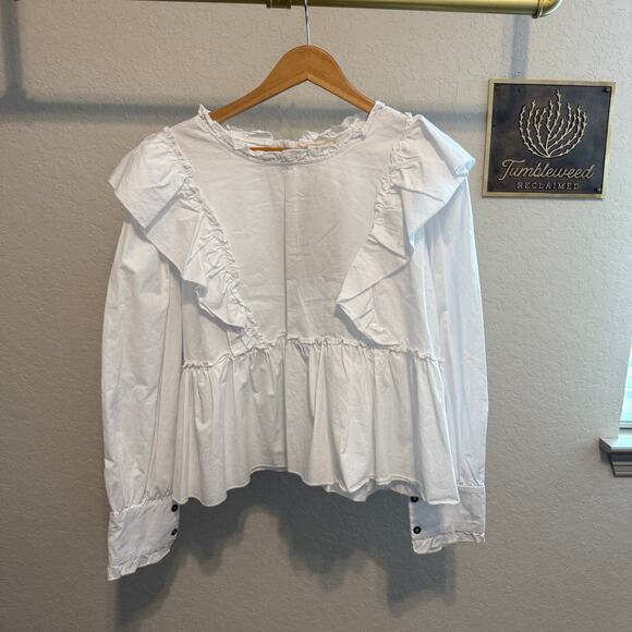 Women's Pol White Cotton Ruffle Front Long Sleeve Blouse Size Small NEW - Picture 2 of 9